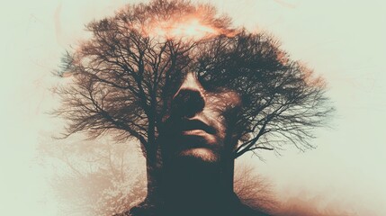 Fototapeta premium The double exposure combines a male face and a branching tree without leaves. The concept of the unity of nature and man. The vitality of the human soul in nature illustration. Design for cover.