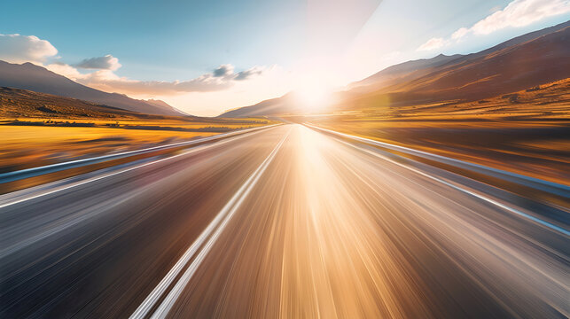 Empty long mountain road to the horizon on a sunny summer day at bright sunset  speed motion blur effect : Generative AI