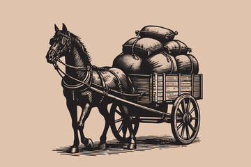A horse and an old wooden cart with cargo in bags. Transportation of food. Beautiful vintage engraving vector illustration, icon, logo, emblem © Victoria