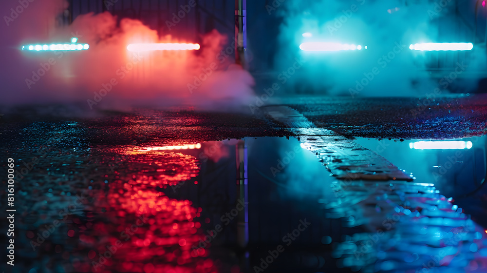 Poster wet asphalt reflection of neon lights a searchlight smoke abstract light in a dark empty street with