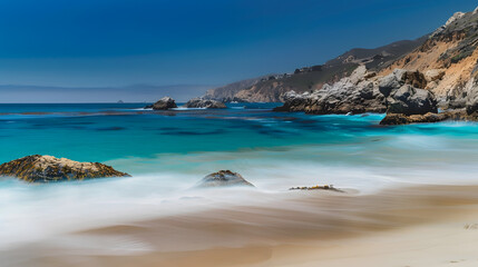 Fototapeta premium Garrapata Beach with nobody by the sea of clear blue water in a bay surrounded by rocky cliffs and mountain in Big Sur California USA : Generative AI