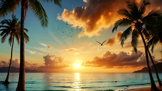 Summer landscape with tropical beach at sunset Seamless looping 4k time-lapse animation video background