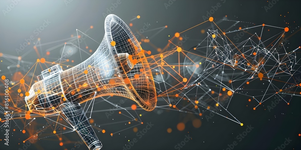 Poster creating a d wireframe digital marketing concept featuring interconnected dots and a megaphone for p