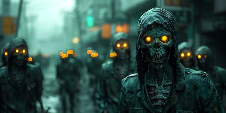 Creepy zombies in a city street at night. Halloween concept.