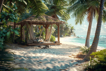A lavish beachside cabana under the shade of lush, tropical palm trees