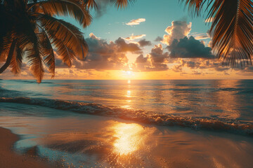 A serene sunrise over a private beach with golden palm trees