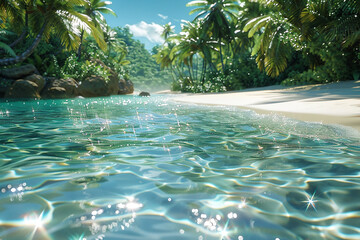 Crystal clear waters gently lapping against a shore lined with diamond-encrusted palm trees