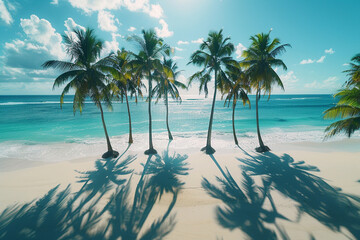 Palm trees casting long shadows over a pristine, white sandy beach