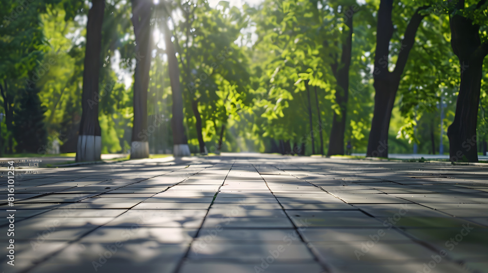 Poster empty square floor and green forest in the city park : generative ai