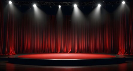 Stage podium background red light spotlight curtain theater show platform. Stage 3D background podium award cinema winner movie carpet pedestal fabric concert abstract studio dark vip empty silk club.