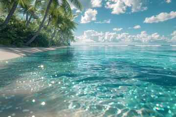 Crystal clear waters gently lapping against a shore lined with diamond-encrusted palm trees