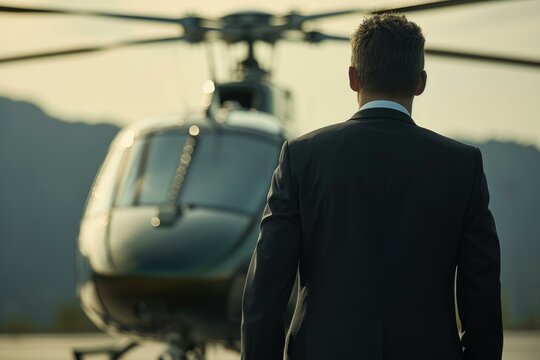 Successful businessman in a tailored suit departing from a private executive helicopter at dusk, showcasing the convenience and luxury of corporate air travel