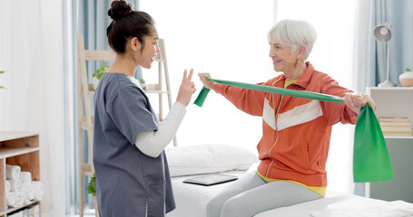Elderly woman doing exercise with a resistance band for physical therapy with nurse in clinic....