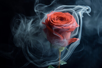 red rose on black, A red rose is elegantly wrapped in a delicate swirl of smoke against a dramatic black background