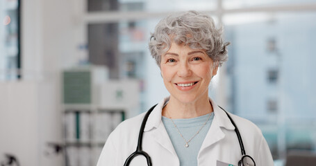 Medical, doctor and smile with face of old woman in office for consulting, wellness and medicine....