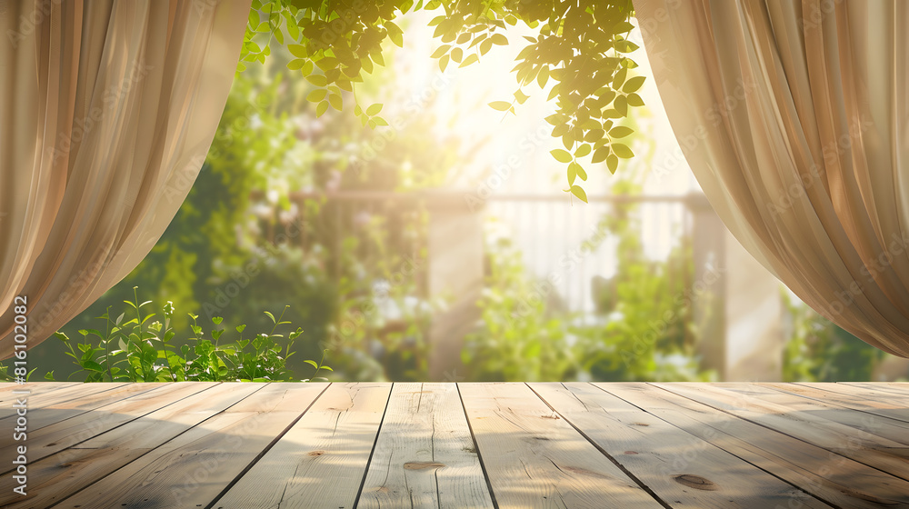 Aufkleber empty of wood table top on blur of curtain with window view green from tree garden backgroundfor mon