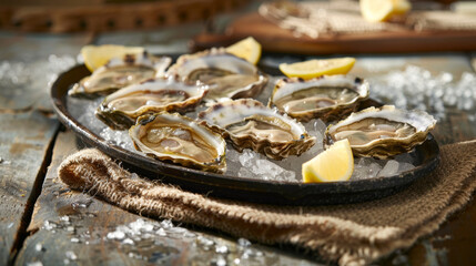 Naklejka premium A tray of fresh oysters on crushed ice with wedges of lemon. National Oyster Day, concept for culinary magazines, seafood restaurant and food blogs.