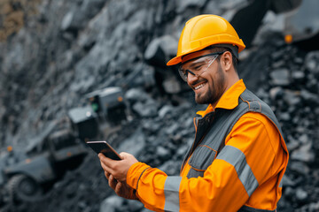 Obraz premium A tradesman in workwear and hard hat smiles while checking a tablet. Generative AI