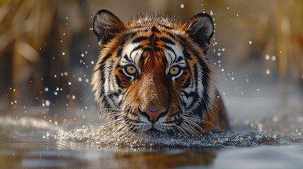 Nature documentary, tiger at a watering hole, African savanna, , soft diffused daylight, birds in the sky created by ai