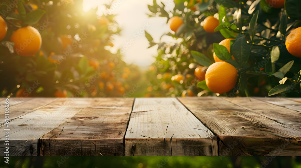 Poster Empty wood table with free space over orange trees orange field background For product display montage : Generative AI