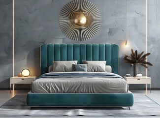 Modern bedroom interior with teal and beige bed, nightstand and sun decor on the wall