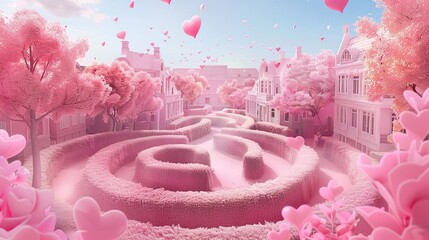 A pink, heart-shaped maze with a path leading through the center. The maze is surrounded by pink buildings and pink trees, and there are hearts floating in the air 
