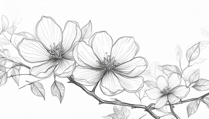 Sketch with beautiful flowers. Modern black and white art. Spring or summer season.