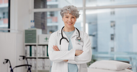 Portrait, woman and doctor with arms crossed, confidence and happiness with healthcare consultant,...