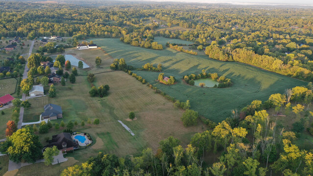 Aerial view of Farmland and Neighborhood in Rural Northern Kentucky