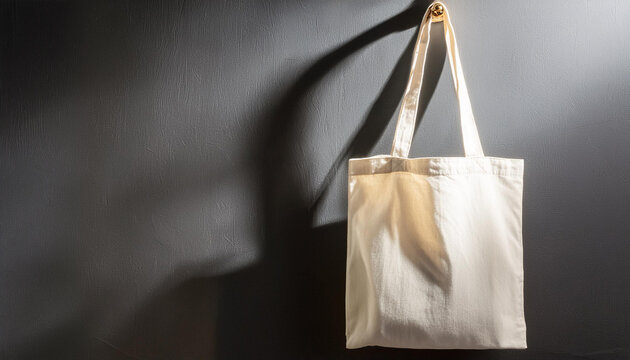 Textile tote bag hanging from hook, black background