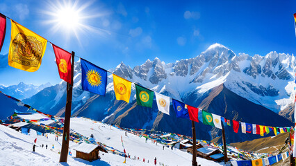 Vesak in the Himalayas: Buddhist Colorful Prayer Flags Flutter in Mountain Carry Prayers on the Wind. generative AI
