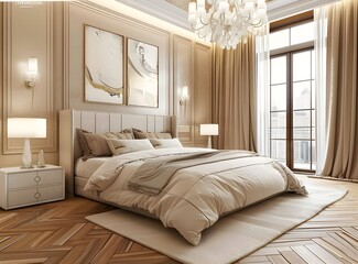 Modern bedroom interior with wooden floor, white bed and modern chandelier