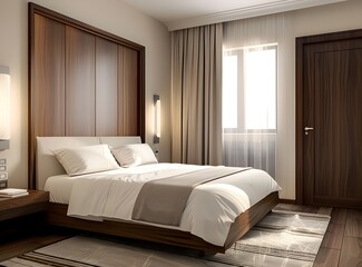 modern bedroom interior with wooden door and white bed, modern style hotel room with window, home decor idea