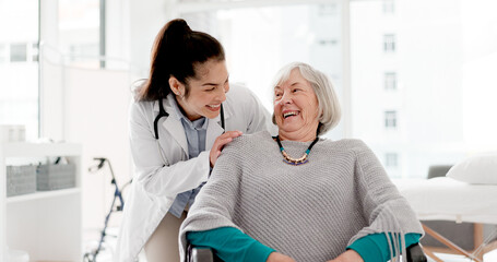 Face, laughing or doctor with senior patient in consultation for healthcare nursing or checkup in...