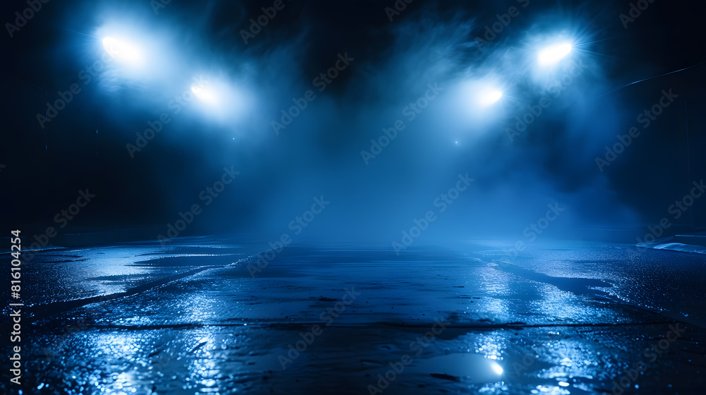 Poster Dark street wet asphalt reflections of rays in the water Abstract dark blue background smoke smog Empty dark scene neon light spotlights Concrete floor : Generative AI