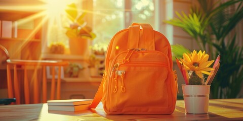 A Vibrant Yellow Backpack Resting on a Rustic Wooden Table, Orange school backpack on a table in classroom on sunny morning. Back to school concept. Generative AI