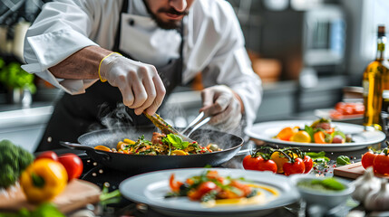 Photo realistic of Chef preparing gourmet dishes in a restaurant kitchen emphasizing culinary skills, creativity, and quality for small business restaurant operations