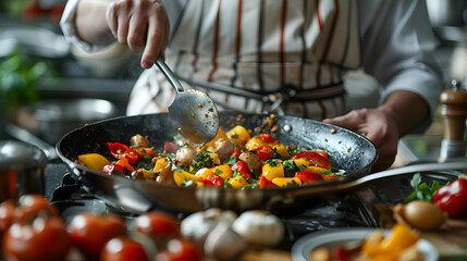 Chef showcasing culinary skills and creativity in gourmet restaurant kitchen setting  Photo stock quality content capturing a chef preparing gourmet dishes with precision and exper