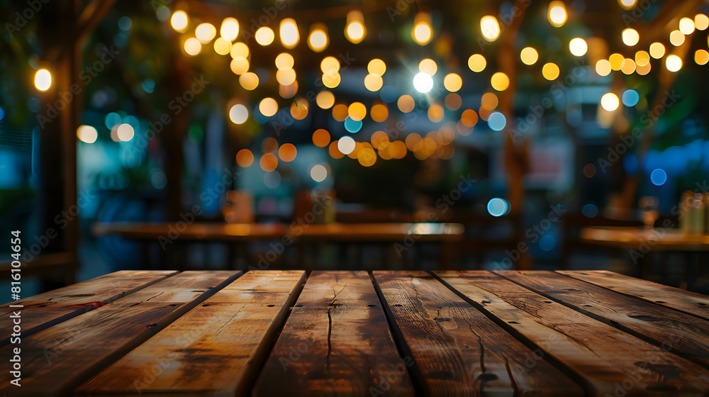 Poster empty wooden table top with lights bokeh on blur restaurant background : generative ai
