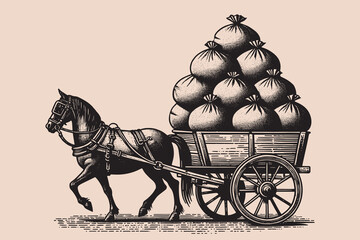 A horse and an old wooden cart with cargo in bags. Transportation of food. Beautiful vintage engraving vector illustration, icon, logo, emblem © Victoria