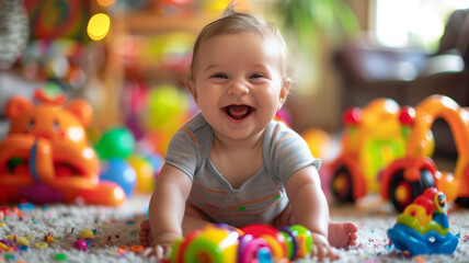 baby giggling joyfully while playing with colorful toys