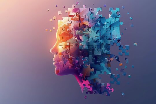 Illustration line human head with puzzle, psychotherapy concept, soft light