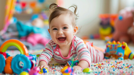 baby giggling joyfully while playing with colorful toys