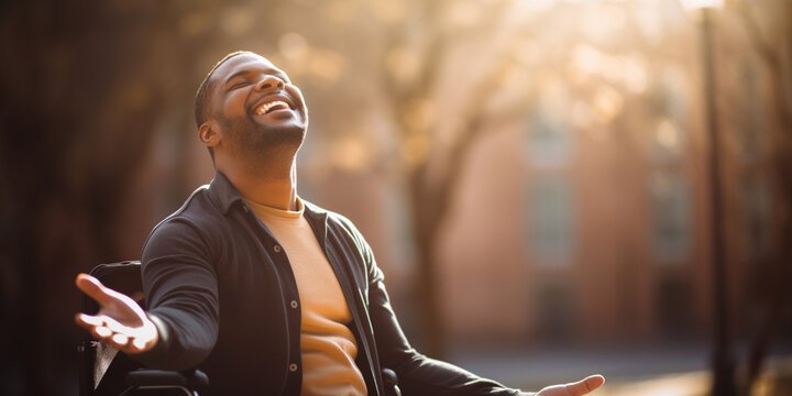 Handsome young African american black man smiling and seated on a wheelchair. hristian Freedom: Embracing God's Grace in Wheelchair Life.