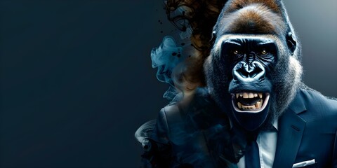 A humorous gorilla in a business suit against a dark backdrop. Concept Wildlife Portraits, Business Gorilla, Humorous Photos, Animal Photography