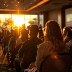 Conference session, back view of people, foreground speaker, formal setting, evening light, ultra-wide shot