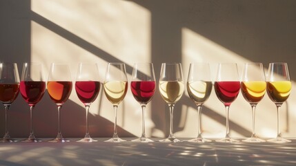 A tasteful display of wine variety, glasses of red, rose, and white wine lined up, each telling its own story through color and shadow, AI Generative hyper realistic  - Powered by Adobe