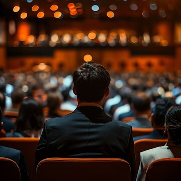 Rear view, audience in conference hall, speaker on stage, business event, daylight, wide shot