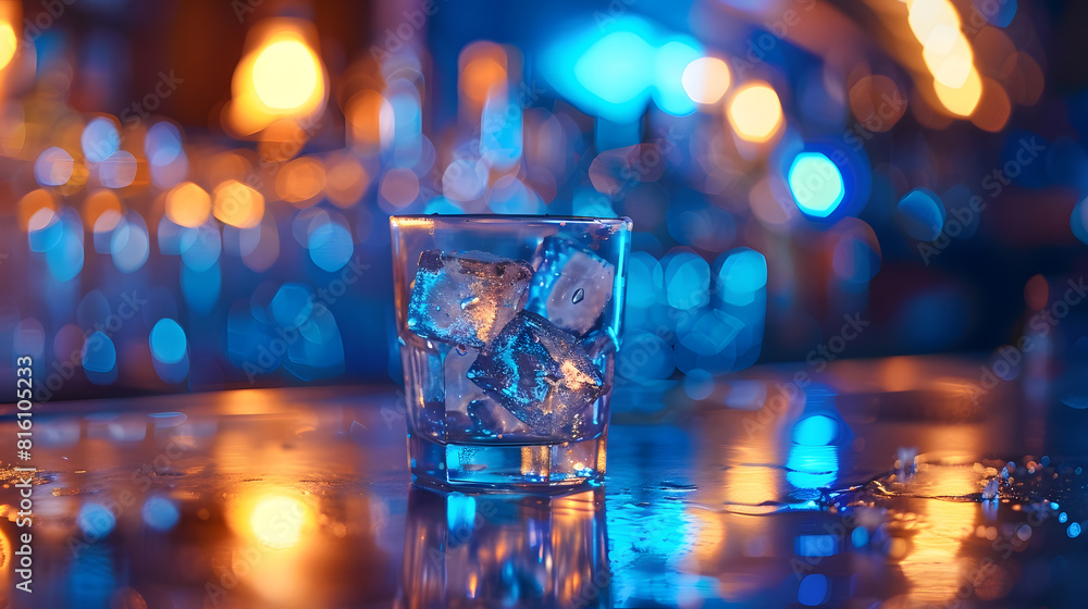 Aufkleber ice cube in an empty glass on a bar counter in bar or pub : Generative AI