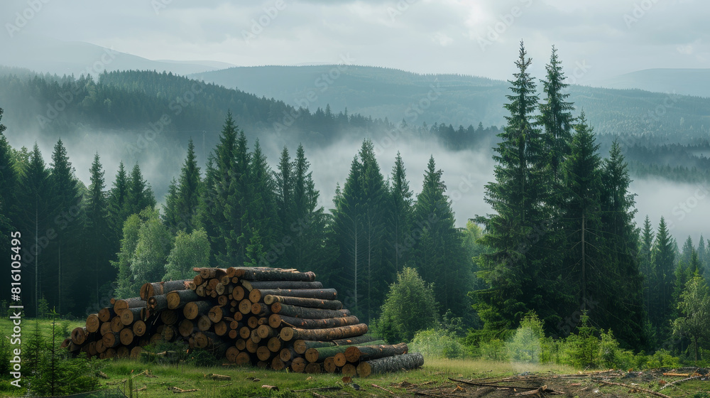 Poster a forest with a large pile of logs in the foreground